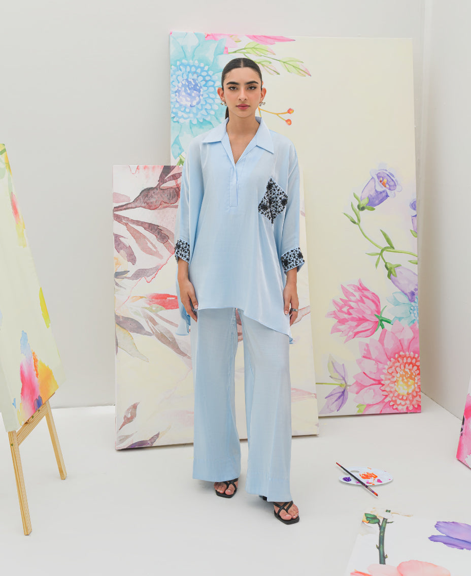 Ice Blue Velvet Silk Drop Shoulder Co-ord