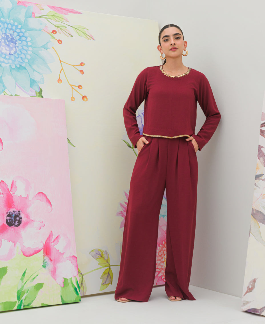 Maroon Georgette co-ord