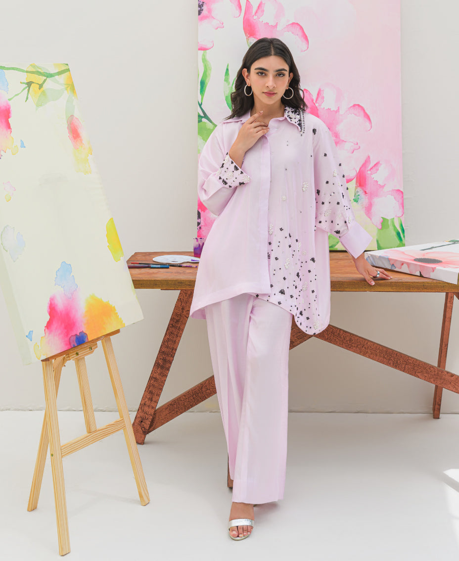 Powder Pink Velvet Silk Drop Shoulder Co-ord