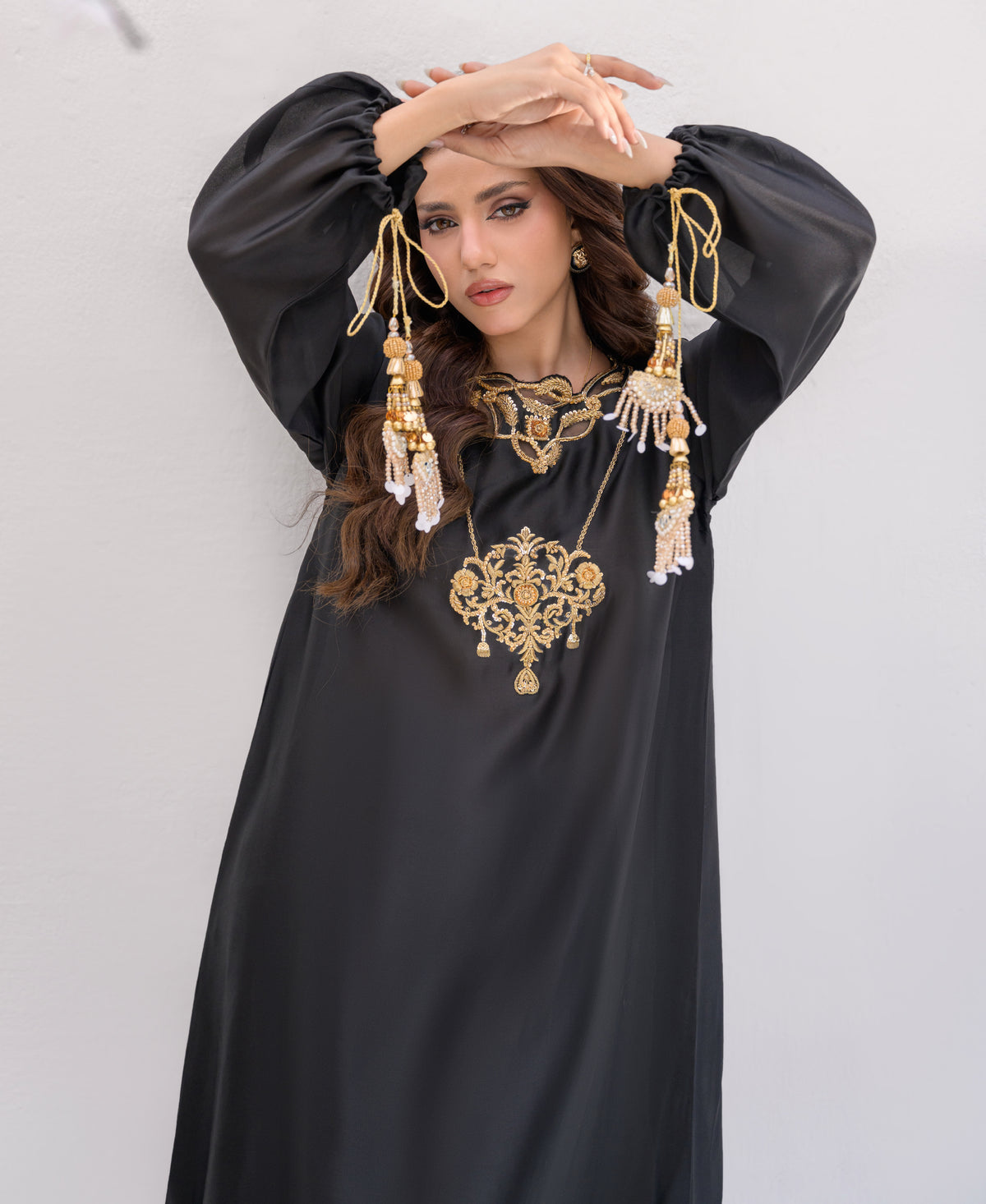 black kaftan style long silk dress