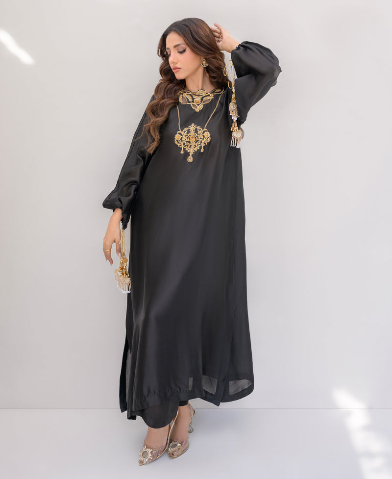 Black sheesha silk ready-to-wear ensemble with kora dabka detailing