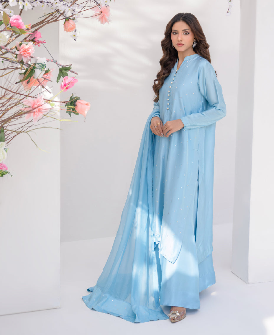 Silk ice blue traditional outfit for women