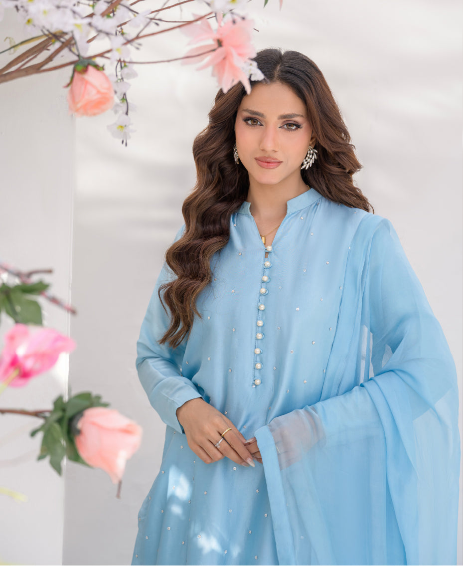 blue raw silk women dress