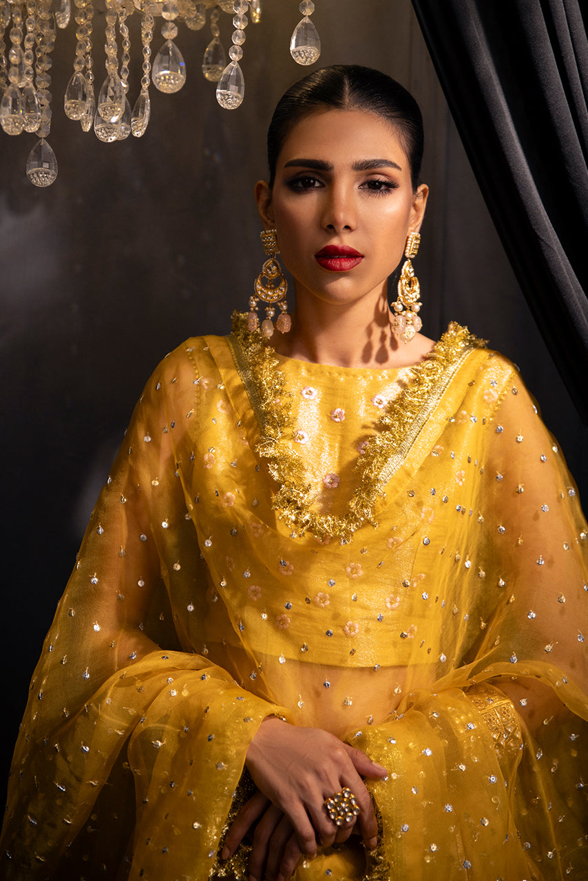 Zarmina designer bridal outfit featuring premium embellishments and a graceful silhouette with  embroidered choli and beautiful mayoun bride looks.