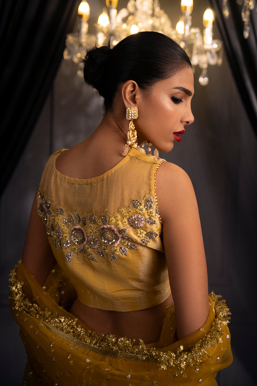Golden mustard Mayoun bridal ensemble with embroidered designer choli and embellished dupatta