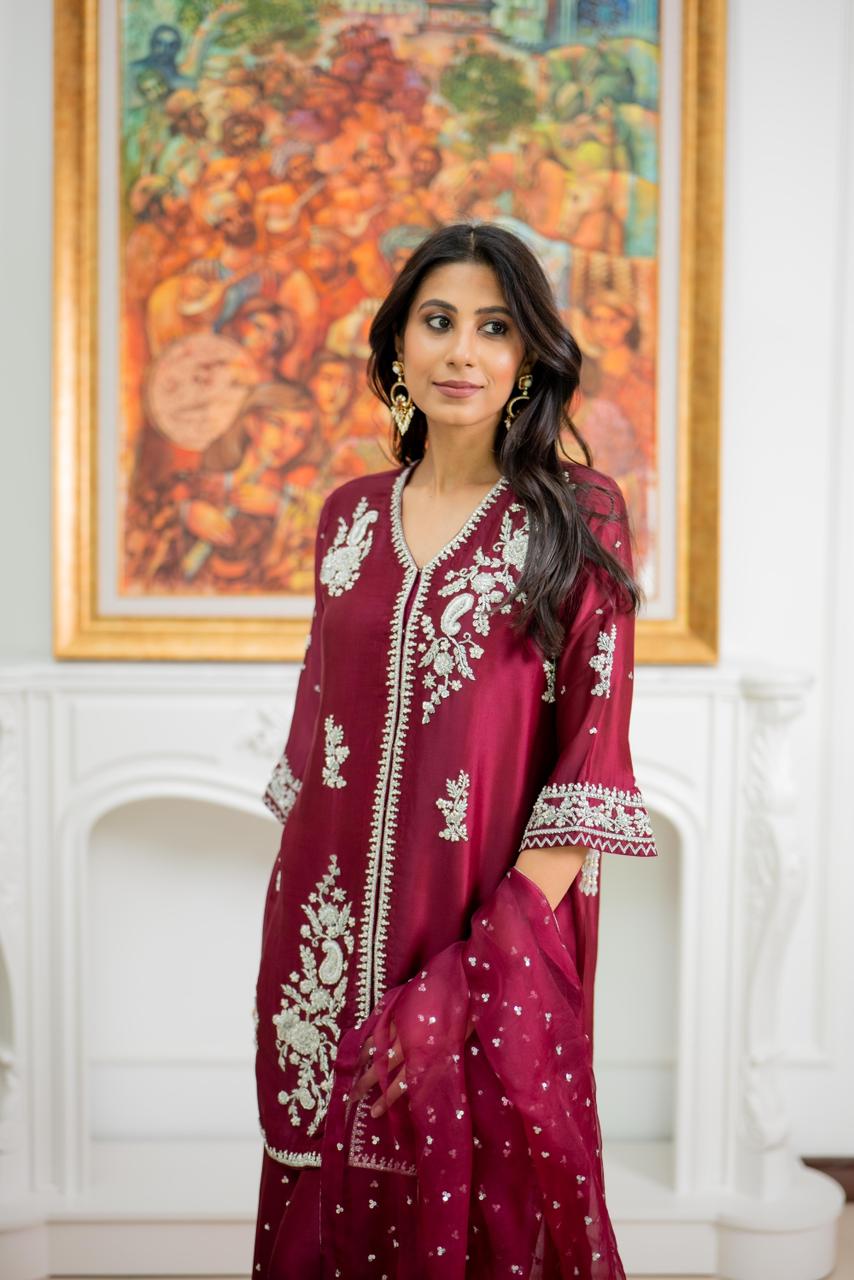 Women's maroon dress with silver embroidery in silk three piece dress for evening or wedding guest dress