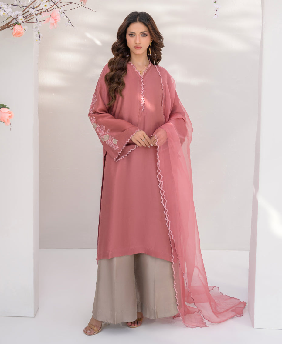 Pink raw silk ready-to-wear ensemble with floral embroidery with  an organza dupatta