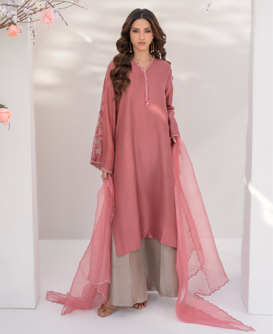  Pink traditional outfit with a sheer dupatta and ivory pant for women