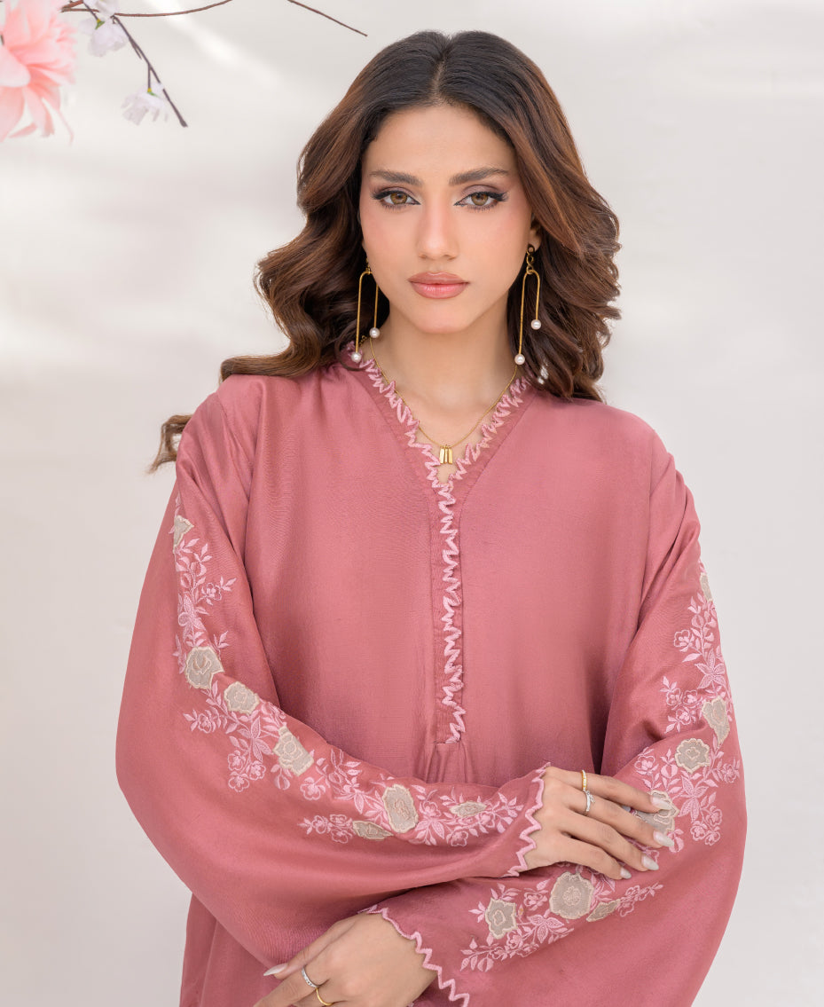 Raw silk pink embroidered dress  