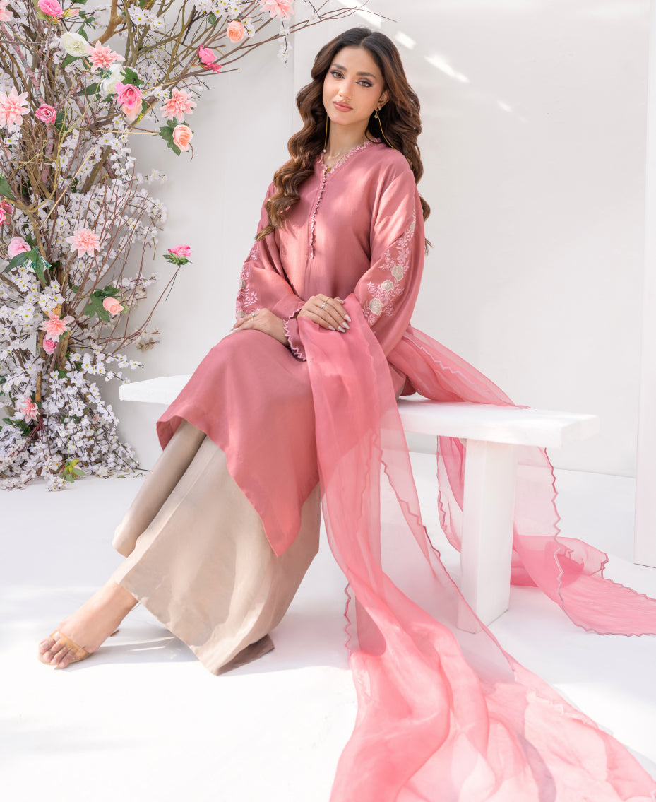 festive pure pink raw silk women outft with ivory pant