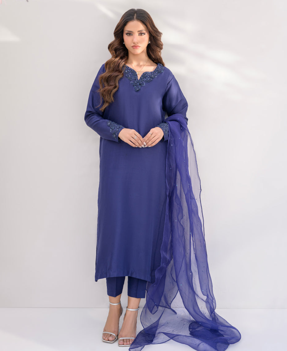 Midnight blue raw silk ready-to-wear ensemble with organza dupatta