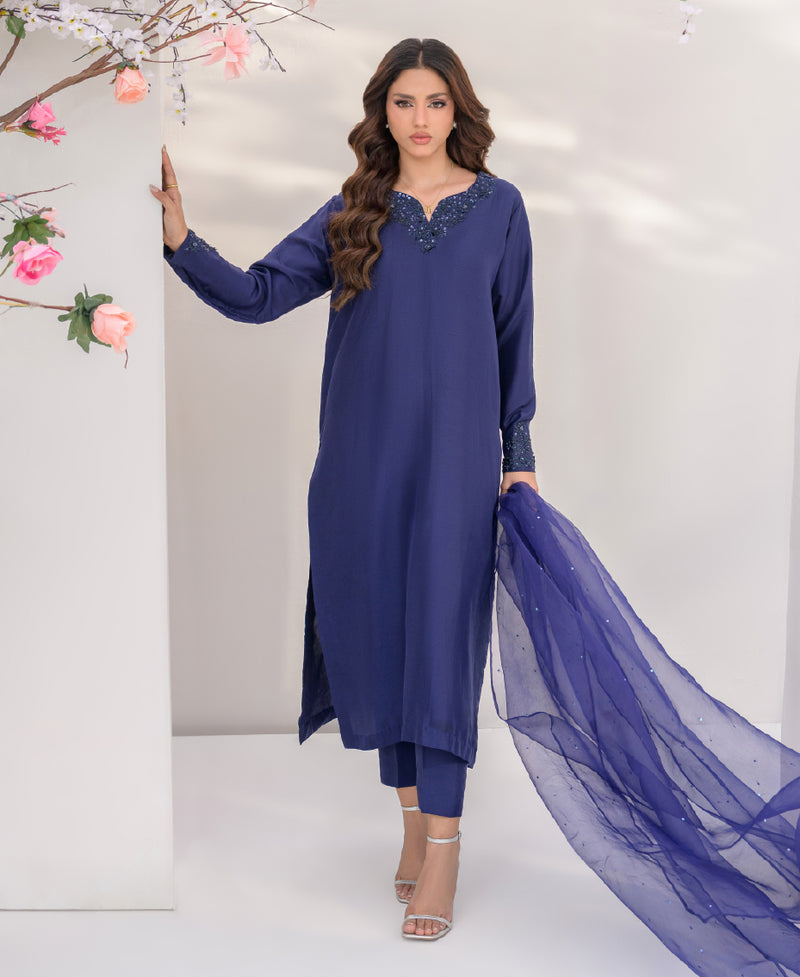 Midnight blue raw silk ensemble front view with organza dupatta