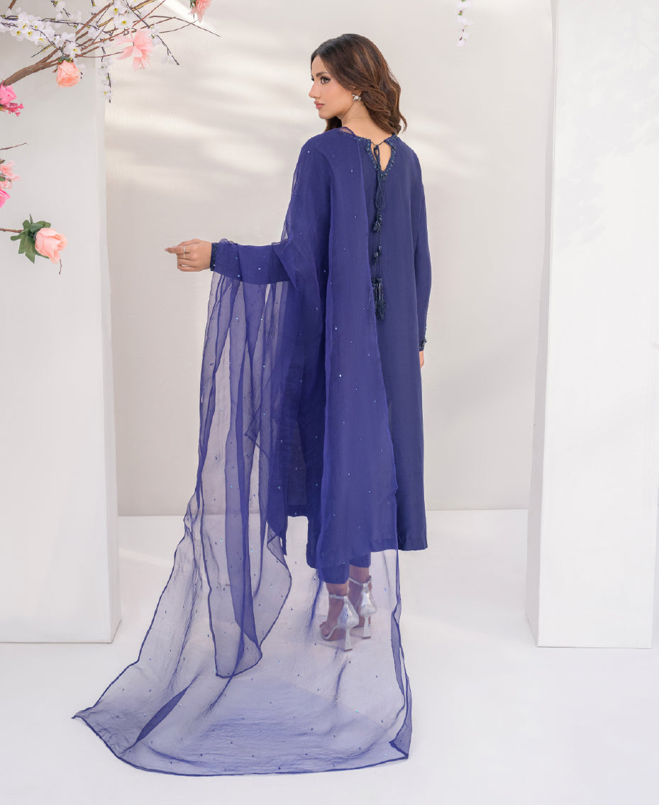 Midnight royal  blue raw silk ensemble back view three-piece women's dress