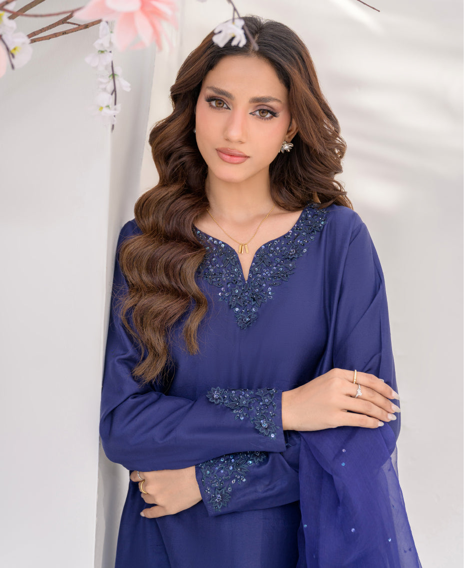 Midnight royal blue raw silk outfit with appliqué detailing on neckline women's apparel