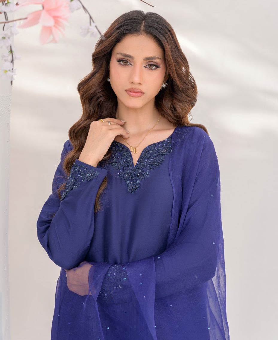 stylish raw silk dress in royal blue for women