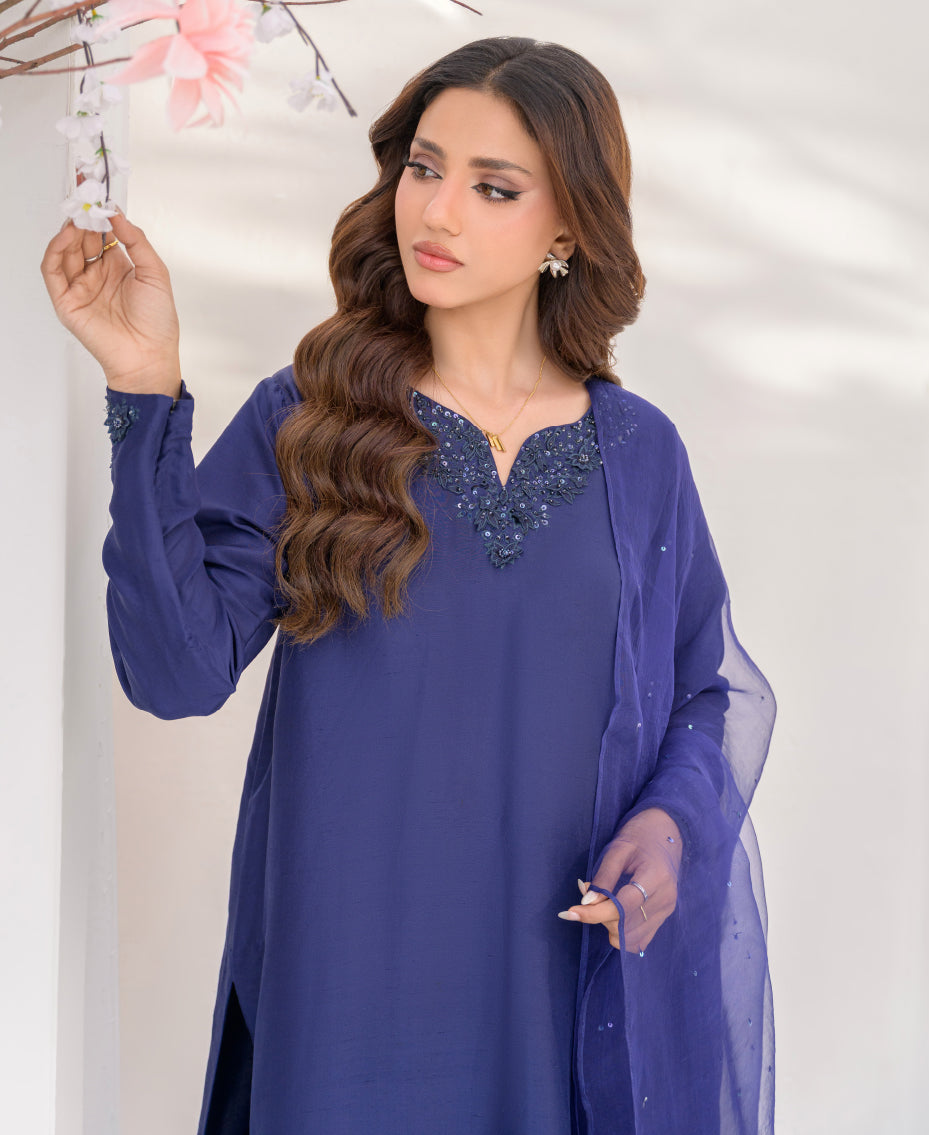 raw silk blue three-piece outfit for women